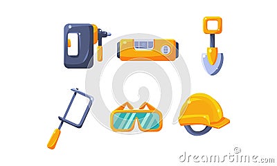 Cute construction hand tools, level, shovel, hacksaw, protective glasses, hard hat vector Illustration Vector Illustration