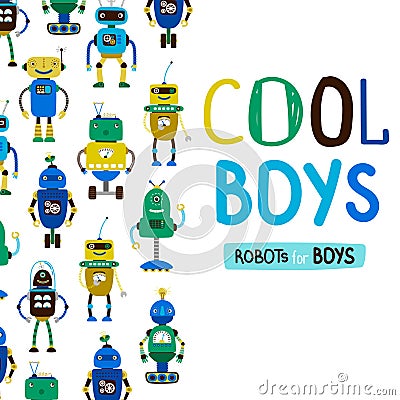 Cute cool boys robots background Vector Illustration