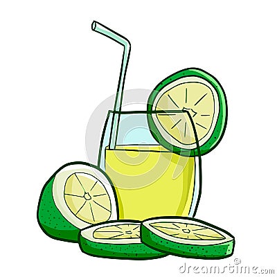 Cute and cool fresh lime drink with straw in summer - vector. Vector Illustration