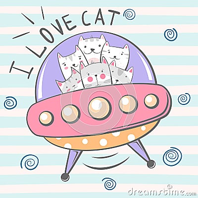 Cute, cool, pretty, funny, crazy, beautiful cat character. Ufo illustration. Vector Illustration