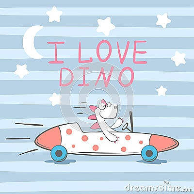 Cute, cool, pretty, funny, crazy, beautiful dino in the car. Vector Illustration