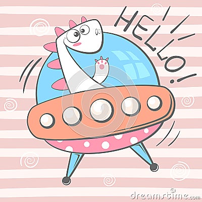 Cute, cool, pretty, funny, crazy, beautiful dino character. Ufo illustration. Vector Illustration