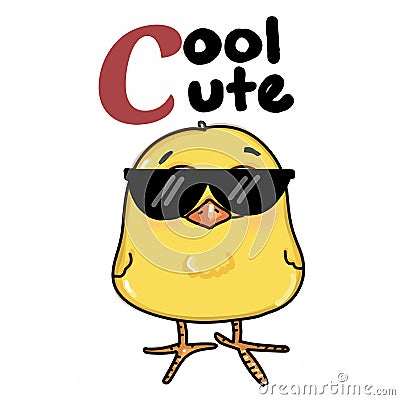 cute cool yellow chick sunglasses and text drawing illustration white background Vector Illustration