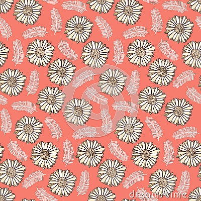 Cute coral floral pattern with yellow flowers Vector Illustration