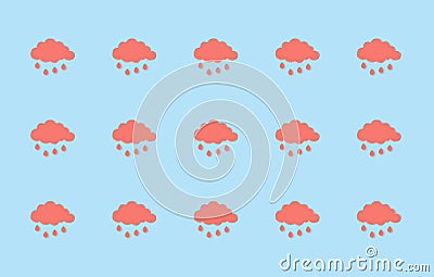 Cute coral pink clouds with rain drops, repeated pattern on a blue background Stock Photo