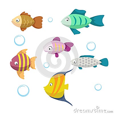 Cute coral reef fishes vector illustration icons set. Collection of funny colorful fish. Vector isolated cartoon characters. Vector Illustration