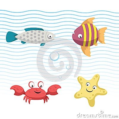 Cute coral reef fishes vector illustration icons set. Vector isolated cartoon gray fish, striped fish, crab and starfish . Vector Illustration