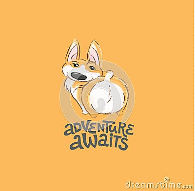 Cute Corgi Dog Character Vector Illustration. Funny Small Puppy Animal Back View for Typography Print. Can be used Vector Illustration