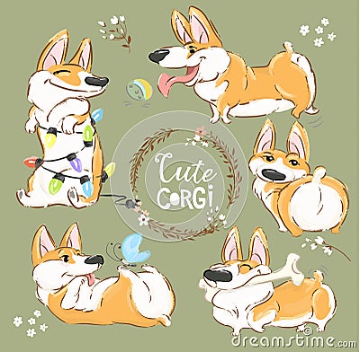 Cute Corgi Dog Character Cartoon Vector Set. Funny Short Fox Pet Group Smile, Play with Ball and Bone. Cheerful Happy Vector Illustration