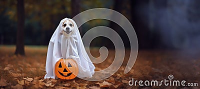 Cute corgi dog in ghost halloween costume sitting near pumpkin basket outdoors. Halloween welsh corgi pembroke with pumpkiin Stock Photo