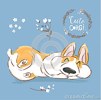 Cute Corgi Dog Puppy Sleep Vector Banner. Welsh Short Fox Pet Character Rest Pose Poster. Little Cheerful Brown Doggy Vector Illustration