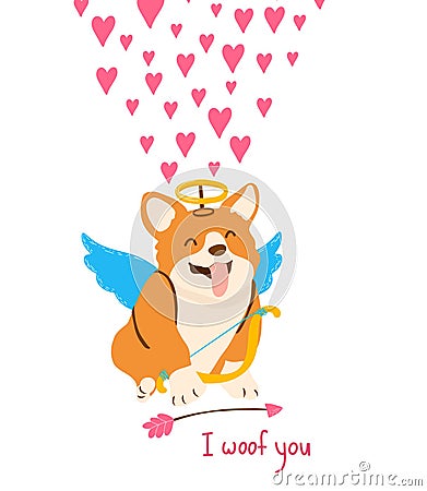 Cute corgi dog for Valentine day postcard. Vector Illustration