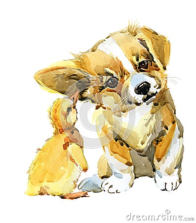 Cute Corgi puppy dog watercolor illustration isolated on white. Cartoon Illustration