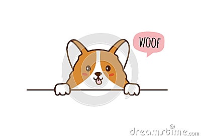 Cute corgi Puppy. Little dog. Speech bubble. Woof. Vector Cartoon Illustration