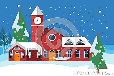 Cute cottage house with white falling snow Vector Illustration