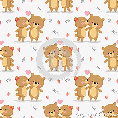 Cute couple bear is kissing seamless pattern Vector Illustration