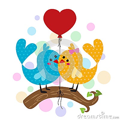 Cute Couple bird branches and red heart balloon Vector Illustration