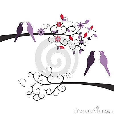 Cute Couple Birds on Branches Vector Illustration