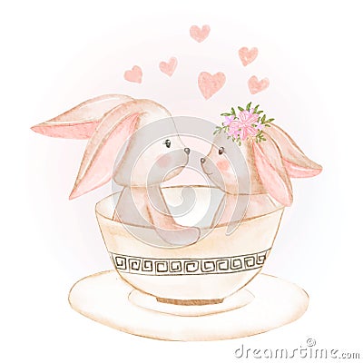 Cute Couple Bunny in a cup watercolor illustration Vector Illustration