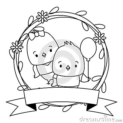 cute couple chicks animals wreath flowers Cartoon Illustration