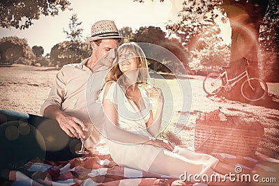 Cute couple drinking white wine on a picnic smiling at each other Stock Photo