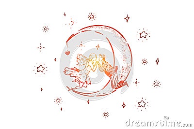 Cute couple floating in sky, half moon and stars in skyscape, man and woman holding hands, falling in love together Vector Illustration