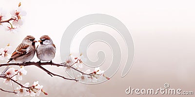 Cute couple of garden sparrow birds in love seated on thin tree twig with blossom flowers Stock Photo