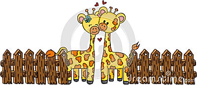 Cute couple giraffe with wooden fence Vector Illustration