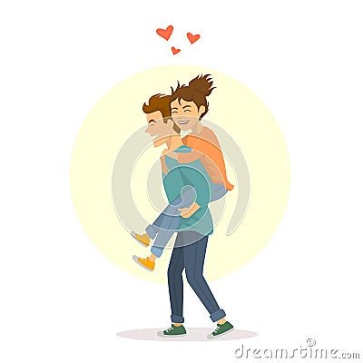 Cute couple have fun, young man carries girlfriend on back Vector Illustration