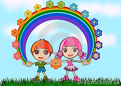 Cute couple kids cartoon illustration Cartoon Illustration