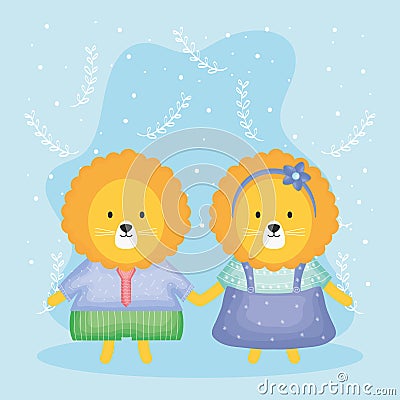 Cute couple lions with clothes characters Vector Illustration