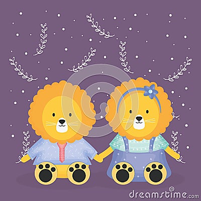 Cute couple lions with clothes characters Vector Illustration