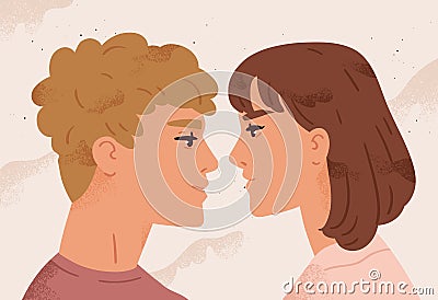 Cute couple looking at each other. Boyfriend and girlfriend in love. Passion, tenderness and romance between young man Vector Illustration