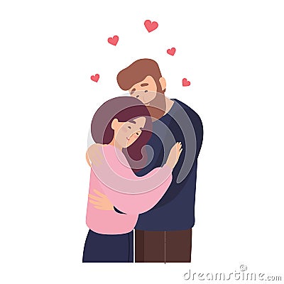 Cute couple in love. Adorable young man and woman hugging or cuddling. Romantic date with person found through dating Vector Illustration