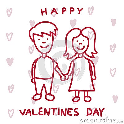 Cute couple in love. Happy Valentines Day greeting card. Vector Illustration