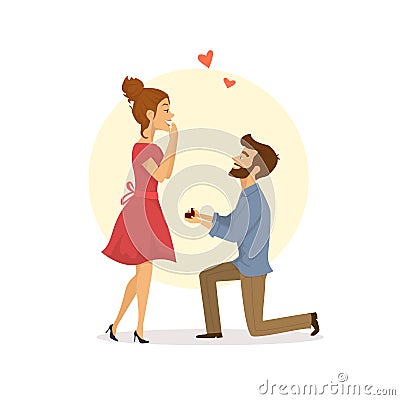 Cute couple in love, man proposing to the woman kneeling Vector Illustration