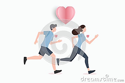 Cute couple in love running exercise with hearts floating Vector Illustration