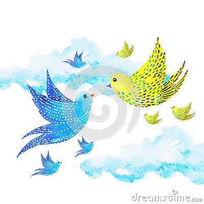 Cute couple lover free birds flying in the sky, watercolor painting Cartoon Illustration