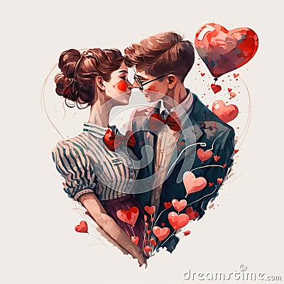 Cute a couple of newlyweds kisses. A young man and a woman kiss. February 14. Valentines Day Cartoon Illustration