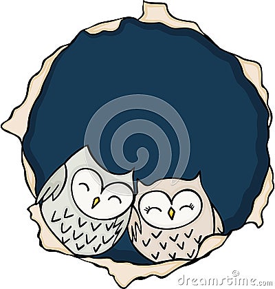 Cute couple owls inside the hole Vector Illustration