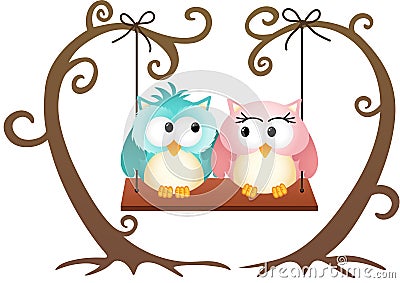 Cute couple owls in love on a swing Vector Illustration