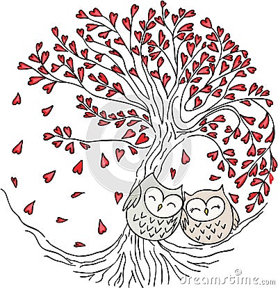 Cute couple owls on love tree Vector Illustration