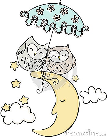 Cute couple owls on the moon Vector Illustration