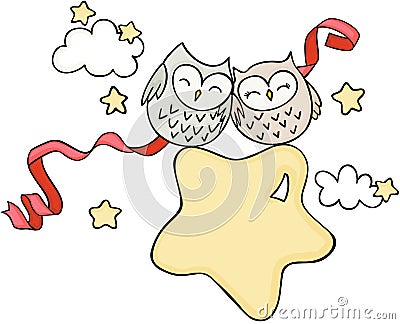 Cute couple owls on star Vector Illustration