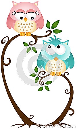 Cute Couple Owls On The Tree Vector Illustration