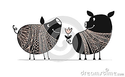 Cute couple of pigs, symbol of 2019 for your design Vector Illustration