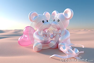 A cute couple pink teddy bear for love, valentine, or wedding design, heart-shaped transparent bubble on the beach Stock Photo