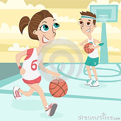 Cute couple play basletball Vector Illustration