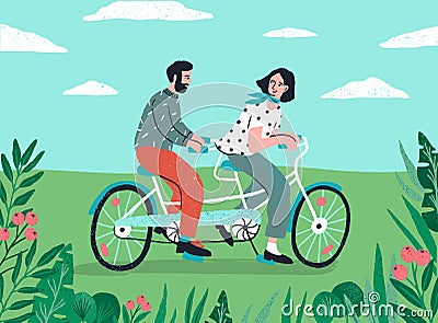 Cute couple riding on tandem bike at nature landscape vector flat illustration. Enamored man and woman enjoying physical Vector Illustration