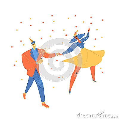 Cute couple in santa hat and cap dancing at new year or Christmas party Vector Illustration